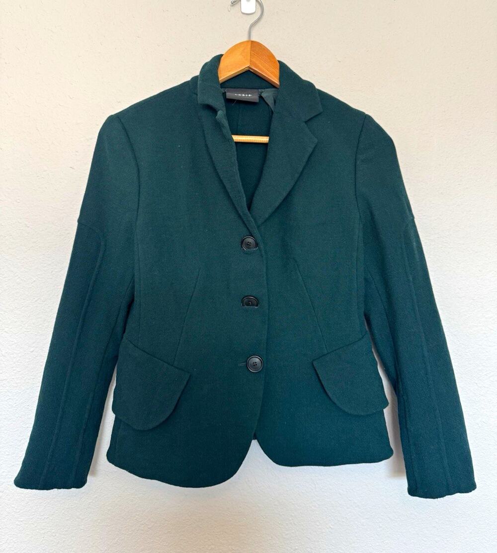 Akris Women's Green Wool Lined Notch Lapel 3-Button Blazer Jacket 8